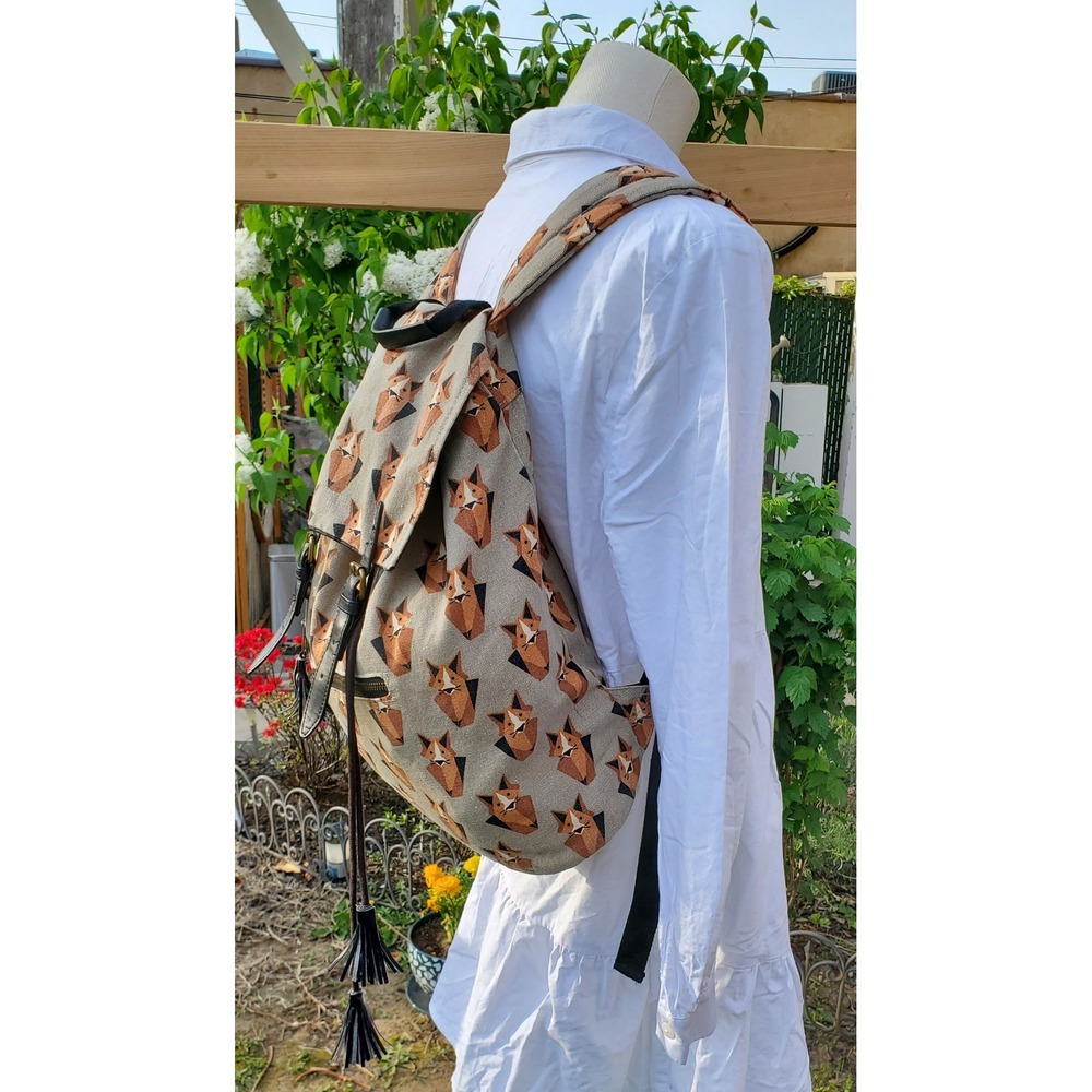Cute Fox Print Backpack Canvas Leather Accents Black Tassel Adjustable Straps - Picture 2 of 5